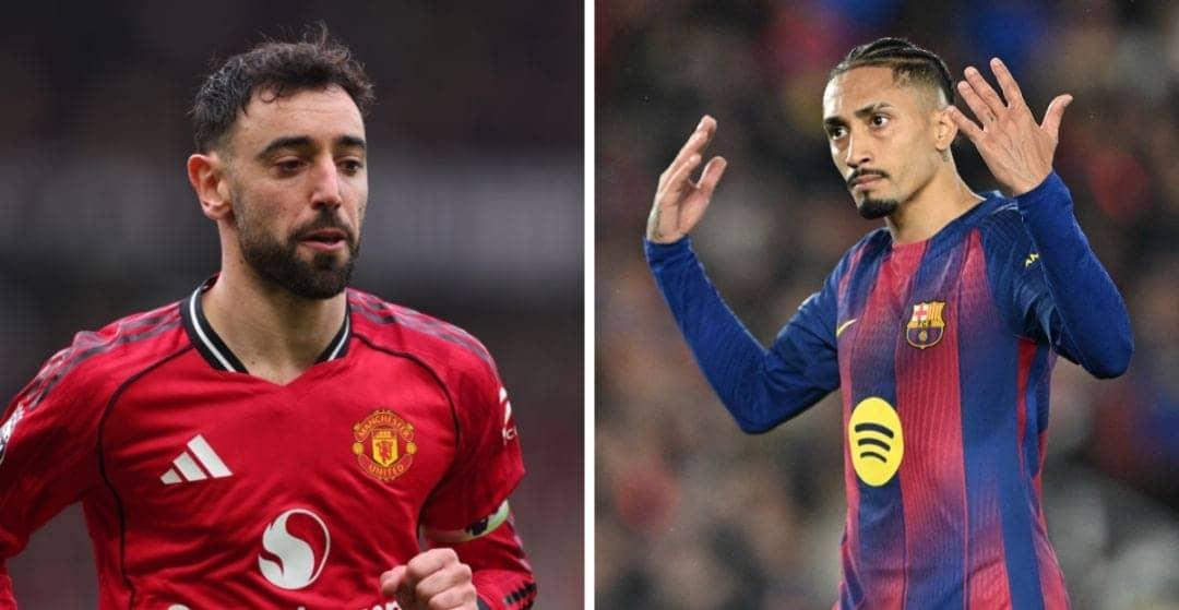 Bruno Fernandes cheers for Raphinha after Barcelona's big win